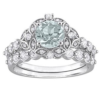 Stella Grace 10k White Gold Aquamarine, White Topaz & Diamond Accent Vintage Engagement Ring Set