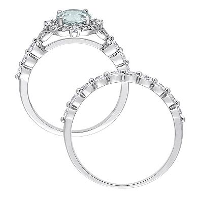 Stella Grace 10k White Gold Aquamarine, White Topaz & Diamond Accent Vintage Engagement Ring Set
