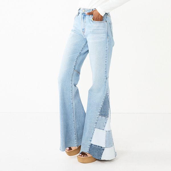 Juniors' SO® Low-Rise Patchwork Extreme Flare Jeans