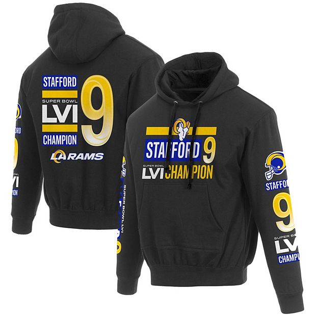 Men's JH Design Matthew Stafford Black Los Angeles Rams Super Bowl LVI  Champions Player Name & Number Pullover Hoodie