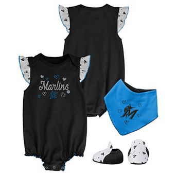 Girls Newborn & Infant Black Miami Marlins Three-Piece Bodysuit Bib & Bootie Set