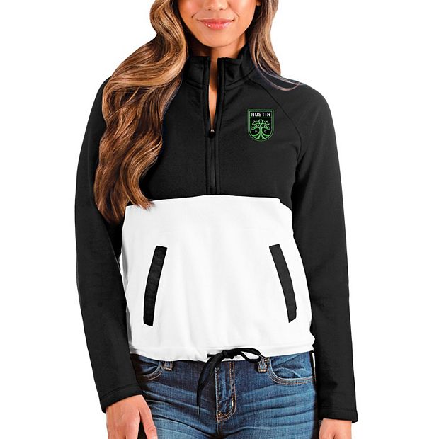 Women's Antigua Black/White Austin FC Harbor Raglan Half-Zip Jacket