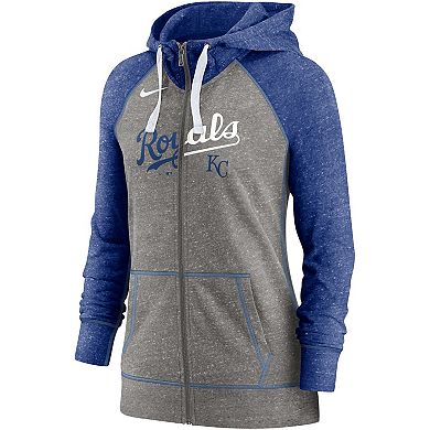 Women's Nike Heathered Charcoal/Royal Kansas City Royals Split Wordmark Gym Vintage Raglan Full-Zip Hoodie