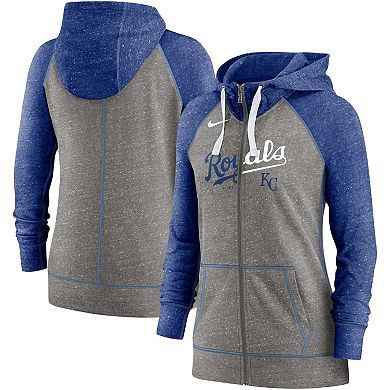 Women's Nike Heathered Charcoal/Royal Kansas City Royals Split Wordmark Gym Vintage Raglan Full-Zip Hoodie