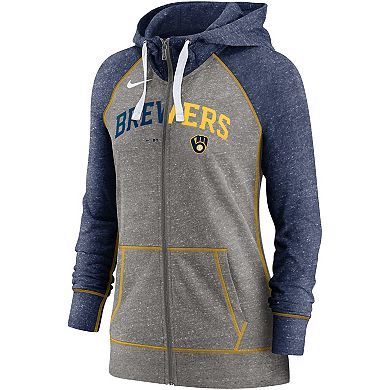 Women's Nike Heathered Charcoal/Navy Milwaukee Brewers Split Wordmark Gym Vintage Raglan Full-Zip Hoodie