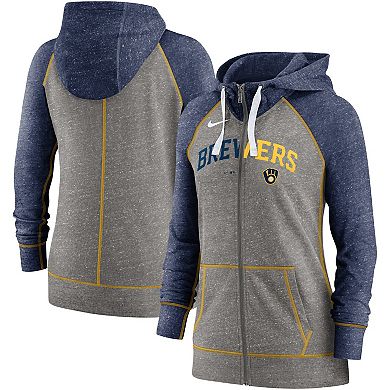 Women's Nike Heathered Charcoal/Navy Milwaukee Brewers Split Wordmark Gym Vintage Raglan Full-Zip Hoodie