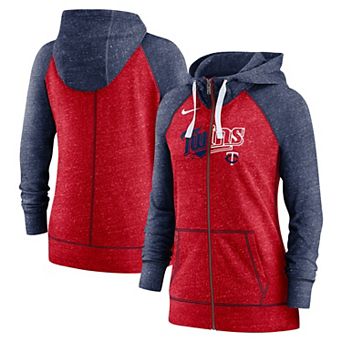 Women's Nike Heather Red/Heather Navy Minnesota Twins Split Wordmark Gym Vintage Raglan Lightweight Full-Zip Hoodie