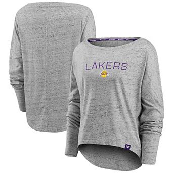 Women's Fanatics Branded Heathered Gray Los Angeles Lakers Nostalgia Off-The-Shoulder Long Sleeve T-Shirt
