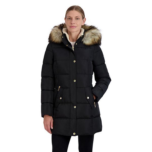 Women's halitech microfiber puffer with store bib faux fur trim hood coat