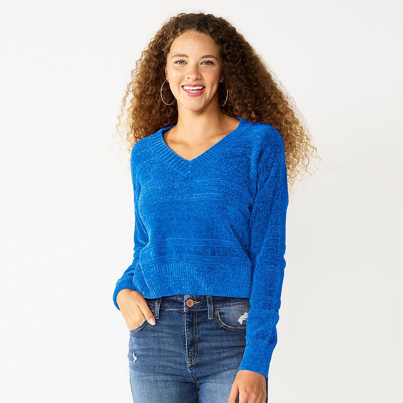 Juniors SO V-Neck Chenille Pullover Sweater, Girls, Size: Medium, Dark Bl