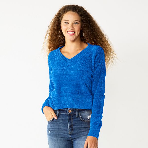 Juniors' SO® V-Neck Chenille Pullover Sweater - Emerson Blue (MEDIUM)