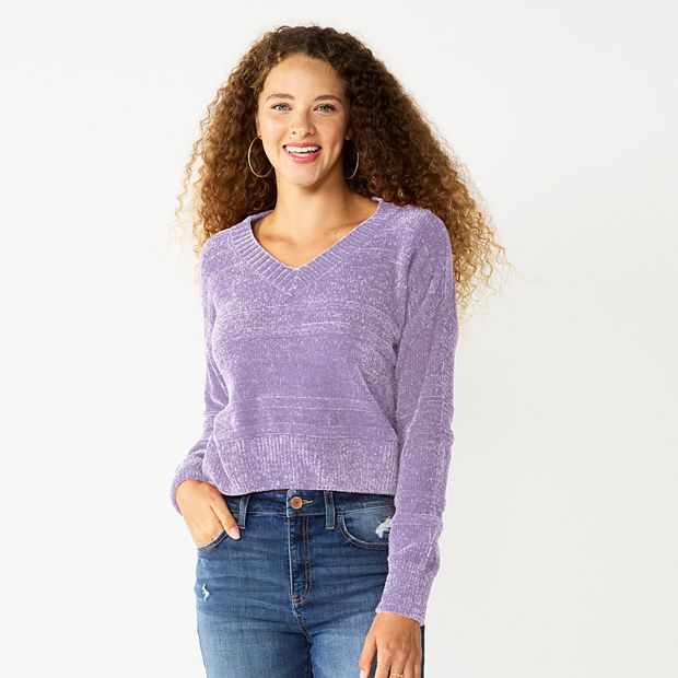 Juniors SO V Neck Chenille Pullover Sweater