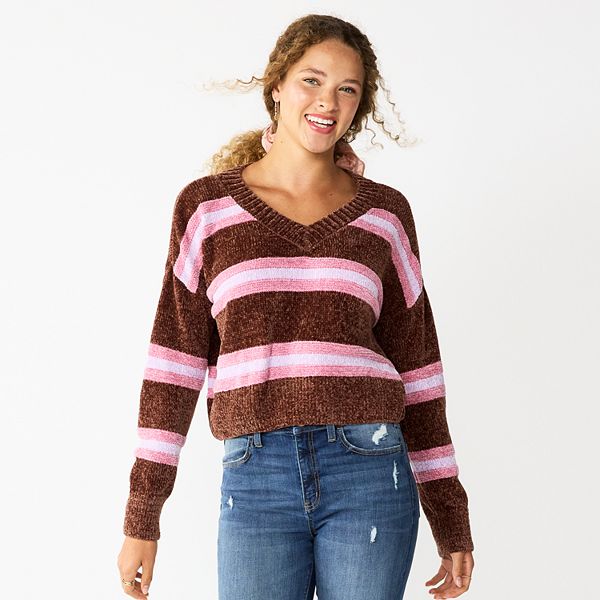 Juniors SO® V-Neck Chenille Pullover Sweater - Plum Stripe (SMALL)