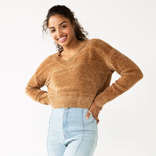 Juniors' SO® V-Neck Chenille Pullover Sweater - Tan (X LARGE)