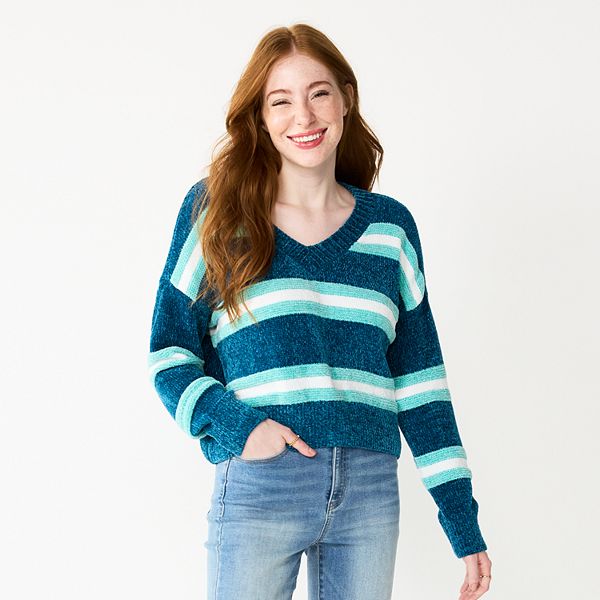 Juniors' SO® V-Neck Chenille Pullover Sweater - Teal Stripe (XX LARGE)