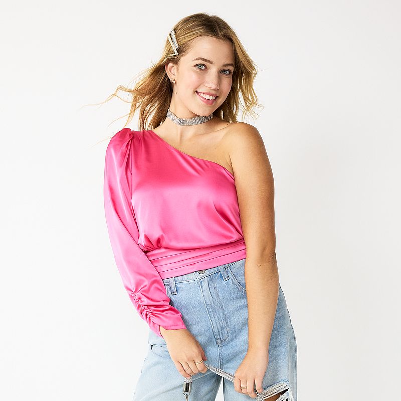 Juniors SO One-Shoulder Cropped Top, Girls, Size: XS, Med Pink