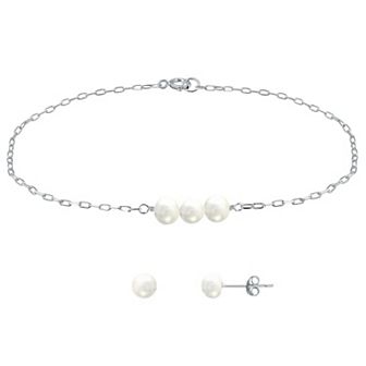 Aleure Precioso Sterling Silver Freshwater Cultured Pearl Chain Bracelet & Stud Earring Set
