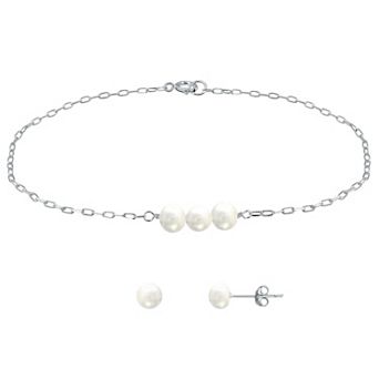 Aleure Precioso Sterling Silver Freshwater Cultured Pearl Chain Bracelet & Stud Earring Set