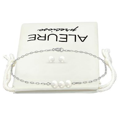 Aleure Precioso Sterling Silver Freshwater Cultured Pearl Chain Bracelet & Stud Earring Set