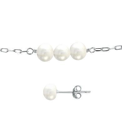 Aleure Precioso Sterling Silver Freshwater Cultured Pearl Chain Bracelet & Stud Earring Set