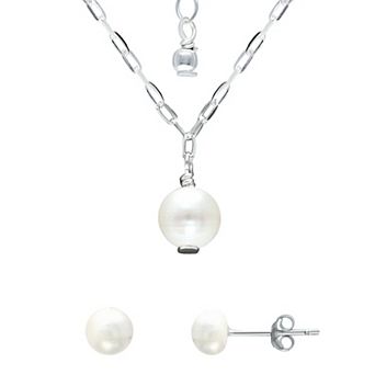Aleure Precioso Sterling Silver Freshwater Cultured Pearl Chain Necklace & Stud Earring Set