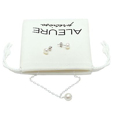 Aleure Precioso Sterling Silver Freshwater Cultured Pearl Chain Necklace & Stud Earring Set