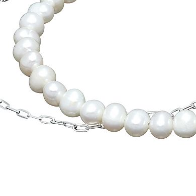 Aleure Precioso Sterling Silver Freshwater Cultured Pearl & Paper Clip Chain Bracelet