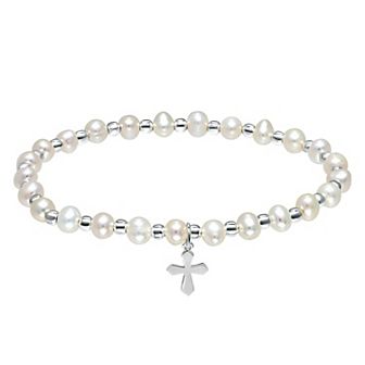 Aleure Precioso Sterling Silver Bead & Freshwater Cultured Pearl Cross Charm Stretch Bracelet