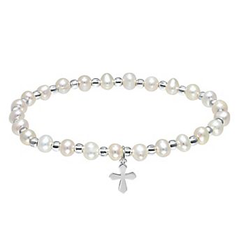 Aleure Precioso Sterling Silver Bead & Freshwater Cultured Pearl Cross Charm Stretch Bracelet