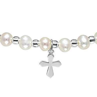 Aleure Precioso Sterling Silver Bead & Freshwater Cultured Pearl Cross Charm Stretch Bracelet