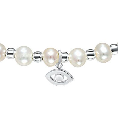 Aleure Precioso Sterling Silver Bead & Freshwater Cultured Pearl Evil Eye Charm Stretch Bracelet