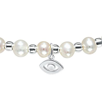 Aleure Precioso Sterling Silver Bead & Freshwater Cultured Pearl Evil Eye Charm Stretch Bracelet