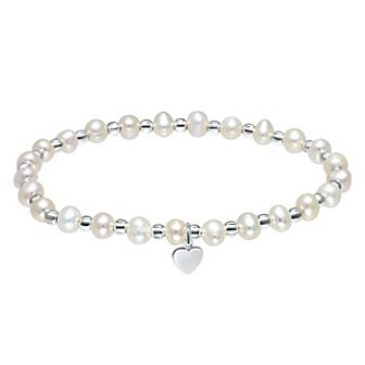 Aleure Precioso Sterling Silver Bead & Freshwater Cultured Pearl Heart Charm Stretch Bracelet