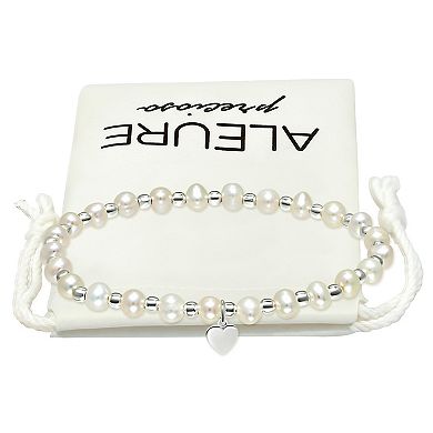 Aleure Precioso Sterling Silver Bead & Freshwater Cultured Pearl Heart Charm Stretch Bracelet
