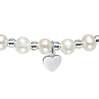 Aleure Precioso Sterling Silver Bead & Freshwater Cultured Pearl Heart Charm Stretch Bracelet