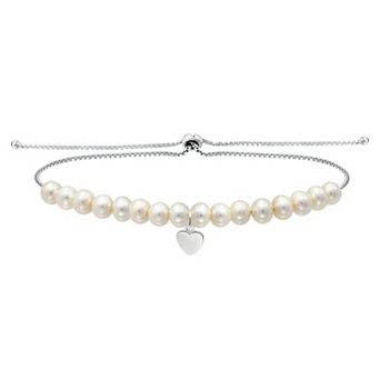 Aleure Precioso Sterling Silver Freshwater Cultured Pearl Heart Charm Adjustable Bracelet