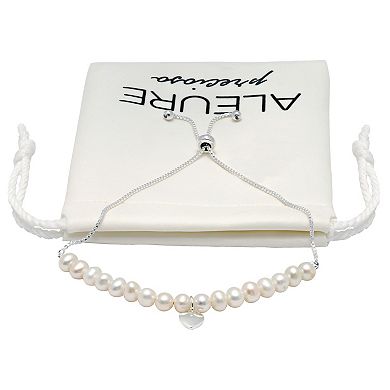 Aleure Precioso Sterling Silver Freshwater Cultured Pearl Heart Charm Adjustable Bracelet
