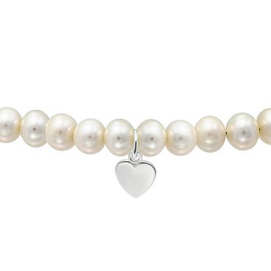 Aleure Precioso Sterling Silver Freshwater Cultured Pearl Heart Charm Adjustable Bracelet