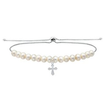Aleure Precioso Sterling Silver Freshwater Cultured Pearl Cross Charm Adjustable Bracelet