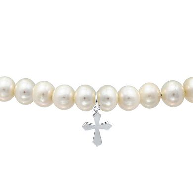 Aleure Precioso Sterling Silver Freshwater Cultured Pearl Cross Charm Adjustable Bracelet