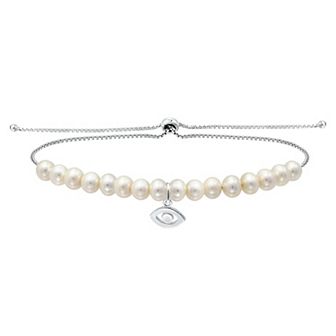 Aleure Precioso Sterling Silver Freshwater Cultured Pearl Evil Eye Charm Adjustable Bracelet