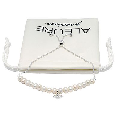 Aleure Precioso Sterling Silver Freshwater Cultured Pearl Evil Eye Charm Adjustable Bracelet