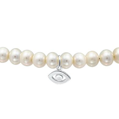 Aleure Precioso Sterling Silver Freshwater Cultured Pearl Evil Eye Charm Adjustable Bracelet