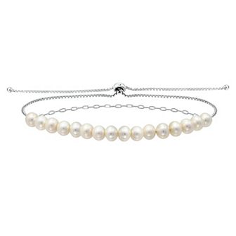 Aleure Precioso Sterling Silver Freshwater Cultured Pearl Paper Clip Chain Adjustable Bracelet