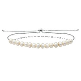 Aleure Precioso Sterling Silver Freshwater Cultured Pearl Paper Clip Chain Adjustable Bracelet