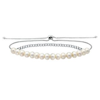 Aleure Precioso Sterling Silver Freshwater Cultured Pearl Curb Chain Adjustable Bracelet