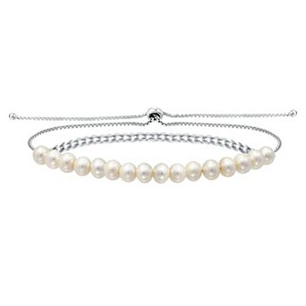 Aleure Precioso Sterling Silver Freshwater Cultured Pearl Curb Chain Adjustable Bracelet