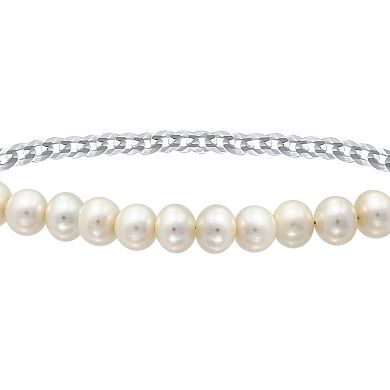 Aleure Precioso Sterling Silver Freshwater Cultured Pearl Curb Chain Adjustable Bracelet