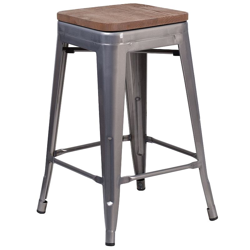 Flash Furniture 24-in. Backless Metal Counter-Height Stool with Wood Seat, 