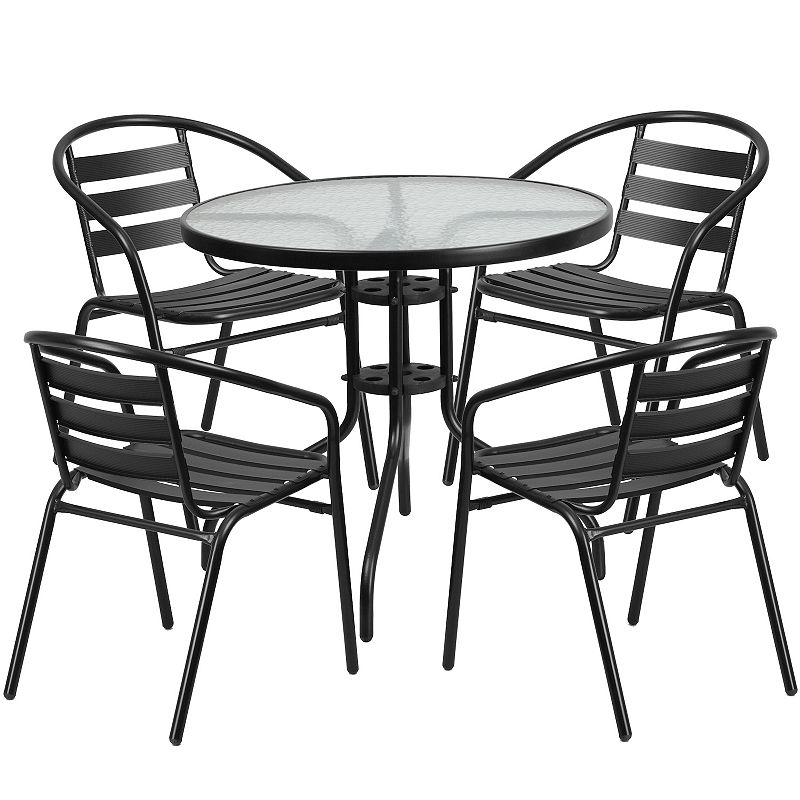 Flash Furniture Patio Round Bistro Table & Slatted Chair 5-piece Set, Black